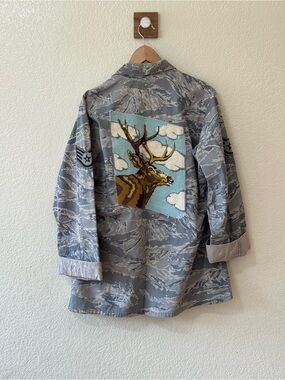 Upcycled US Air Force Tiger Stripe Vintage Needlepoint Elk Patch Utility Jacket
